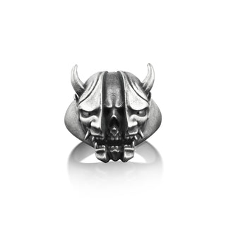 Skull Under The Oni Mask Cool Ring, Unusual Demon Mens Ring in Oxidized Silver, Devil Ring For Boyfriend, Halloween Ring For Best Friend