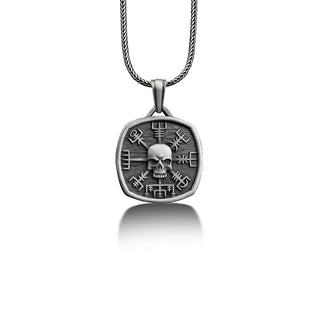 Ancient skull compass pendant necklace in silver, Personalized gothic necklace for boyfriend, Handmade engraved necklace
