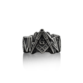 Master Mason Symbol with Engraved Eye of Providence Handmade Sterling Silver Men Ring, Freemason and Eye of Providence Silver Men Jewelry