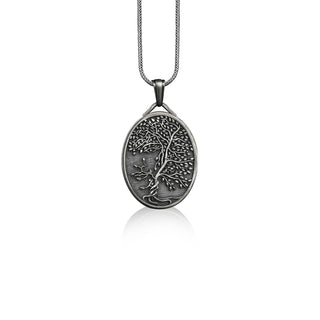 Yggdrasil Family Tree Oval Silver Necklace, Scandinavian Mythology Tree of Life, Customizable Necklace for Women, Engraved Necklace for Men