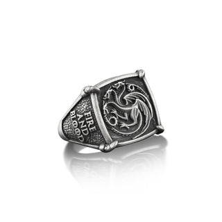 Mother of Dragons Targaryen Ring, Oxidized Engraved Signet Ring For Men in Sterling Silver, Fire and Blood Ring, Game Of Thrones Ring
