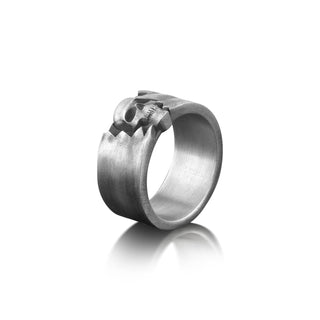 Engagement Skull Band Ring For Biker in Sterling Silver, Wide Biker Ring ForMen, Gothic Ring For Best Friend, Husband Ring Gift, Skull Ring