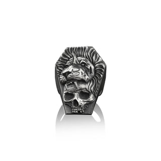 Lion and Skull 925 Silver Gothic Ring, Sterling Silver Animal Ring, Coffin Ring, Unique Ring, Engraved Ring, Best Friend Ring, Memorial Gift