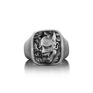 Oni Japanese Art Mens Ring in Silver, Demon Engraved Signet Ring For Men, Hannya Mask Devil Ring For Boyfriend, Fantasy Ring in Gothic Style