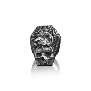 Lion and Skull 925 Silver Gothic Ring, Sterling Silver Animal Ring, Coffin Ring, Unique Ring, Engraved Ring, Best Friend Ring, Memorial Gift
