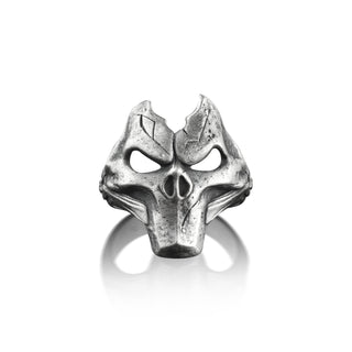 Dark Sider Gothic Ring For Men, Oxidized Skull Mask Mens Ring in Sterling Silver, Gamer Goth Ring For Boyfriend, Biker Ring For Husband