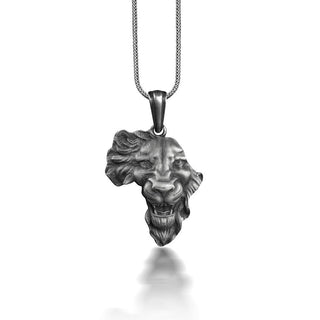 Africa Necklace with Engraved Lion Face, Silver Animal Map Necklace For African, Leo Necklace For Best Friend, Cool Male Necklace For Dad