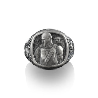 The Mandalorian with Baby Yoda Grogu, Silver Square Signet Ring, Mandalorian Gifts, Star Wars Ring, Gifts for Movie Lover, Mens and Womens