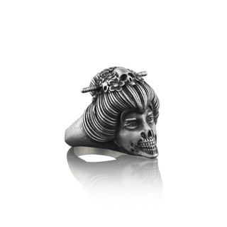 Geisha Japanese Art Gothic Ring, Artistic Ring in Punk Style, Extraordinary Mens Skull Ring in Silver, Goth Jewelry For Men, Cool Ring
