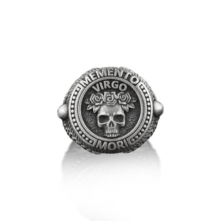 Virgo Floral Signet Ring For Men, Extraordinary Memento Mori Ring in Oxidized Silver, Goth Ring For Boyfriend, Cool Rose and Skull Ring