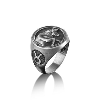Taurus Pinky Signet Ring For Men, Oxidized Zodiac Sign Signet Ring in Silver, Horoscope Ring For Boyfriend, Astrology Ring For Birthday Gift