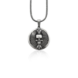 Winged Skull Handmade Sterling Silver Men Charm Necklace, Skull Silver Biker Jewelry, Skull Gothic Necklace, Skull Pendant, Memorial Gift