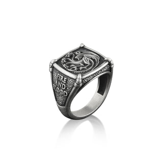 Mother of Dragons Targaryen Ring, Oxidized Engraved Signet Ring For Men in Sterling Silver, Fire and Blood Ring, Game Of Thrones Ring