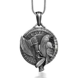 Viking medallion necklace with raven and axe, Silver norse runes necklace for boyfriend, Engraved mythology necklace