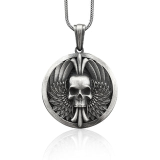 Winged Skull Handmade Sterling Silver Men Charm Necklace, Skull Silver Biker Jewelry, Skull Gothic Necklace, Skull Pendant, Memorial Gift