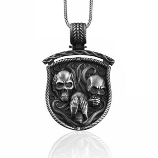 Silver Skull Men Necklace, Skull Shield Men Pendant, Biker Men Pendant, Symbolic Silver Skull Amulet, Oxidized Silver Monkey Necklace, Gifts