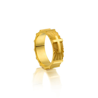 18K Gold Holy Light of The Cross  Mens Wedding Band, Handmade Yellow Gold Religious Custom Engraved Engagement Ring, Groomsmen Gifts