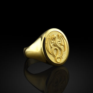 Gold Dragon Mens Ring, 14K Gold Winged Dragon Ring, 10K Gold Mens Signet Dragon Ring, 10K Yellow Gold Dragon Men Wedding Gift Rings