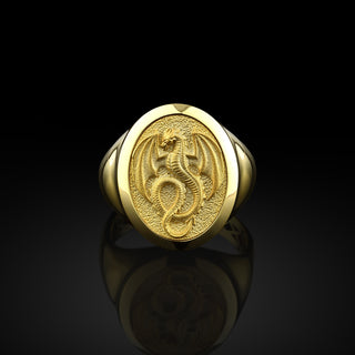 Gold Dragon Mens Ring, 14K Gold Winged Dragon Ring, 10K Gold Mens Signet Dragon Ring, 10K Yellow Gold Dragon Men Wedding Gift Rings