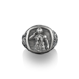 Scuba Diver Square Signet Ring, Navy Mark V Diving Helmet Jewelry, Sterling Silver Mens Rings, Signets for Women, Military Gift Marine