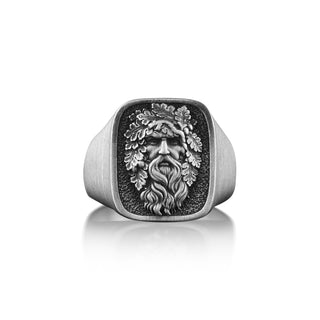 Jack in the Green Man Ring in Oxidized Silver, Extraordinary Square Signet Ring For Men, Mythology Ring with Leaf, Fantasy Ring For Husband