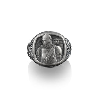 The Mandalorian with Baby Yoda Grogu, Silver Square Signet Ring, Mandalorian Gifts, Star Wars Ring, Gifts for Movie Lover, Mens and Womens