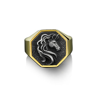 925 Silver Unicorn Signet Men Ring, Sterling Silver Unicorn Man Ring, Handmade Greek Mythology Ring, Rainbow Unicorn Gold Plated Men Rings
