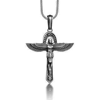 Crux Ansata Isis on Ankh Pendant, Eye of Horus on Top Isis and Ankh Necklace, Pagan Cross Necklace For Boyfriend, Goddess Necklace For Men