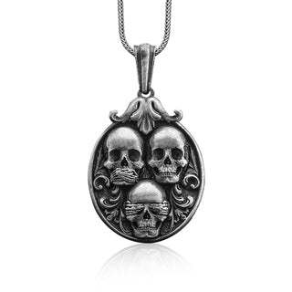 Three Wise Skull Handmade Silver Necklace, Three Mystic Apes in Skull Silver Necklace, See No Evil Hear No Evil Speak No Evil Necklace Gift