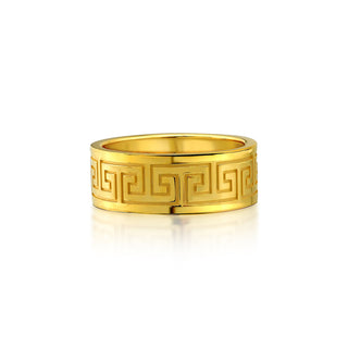 14K Solid Gold Meander Motifs Wedding Band Ring,Greek Key Engraved Gold Statement Ring, Greek Meandros Handmade Solid Gold Mens Ring