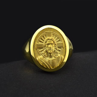 Gold Signet Christ Jesus Man Ring, 14K Gold Messiah Men's Ring, 18K Gold Christian Gift Jewelry, 10K Religious Relief Jesus Gift Rings