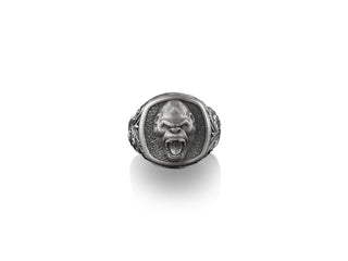 Roaring Gorilla Signet Ring for Men in Sterling Silver, Gorilla Pinky Rings, Victorian Ring, Animal Lover Gift, Spirit Animal Ring, Men Gift