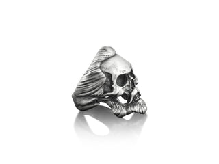 Sterling silver skull with hair and beard biker ring for men, Unusual punk men ring, Cool biker punk ring, Gothic one ff a kind gift rings