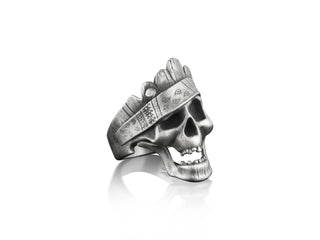 Tree bark skull ring with head band for men in silver, Unique biker men ring in sterling silver, Hippie silver men ring, Unusual gothic ring