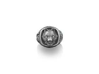 Viking Fenrir Wolf Signet Silver Ring for Men, Wolf with Victorian Pattern Ring, Sterling Silver Animal Jewelry, Pinky Wolf Ring for women