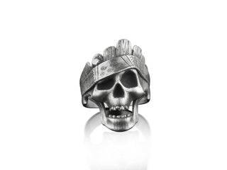 Tree bark skull ring with head band for men in silver, Unique biker men ring in sterling silver, Hippie silver men ring, Unusual gothic ring