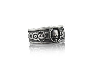 Biker skull band ring for men in silver, Skull with ship chain engagements silver ring, Gothic wedding silver ring, Cool rings in punk style