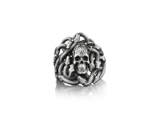 One of a kind skull and snake ring for men in silver, Serpent gothic ring in oxidized sterling silver, Witch silver ring, Unusual men rings