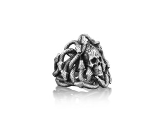 One of a kind skull and snake ring for men in silver, Serpent gothic ring in oxidized sterling silver, Witch silver ring, Unusual men rings