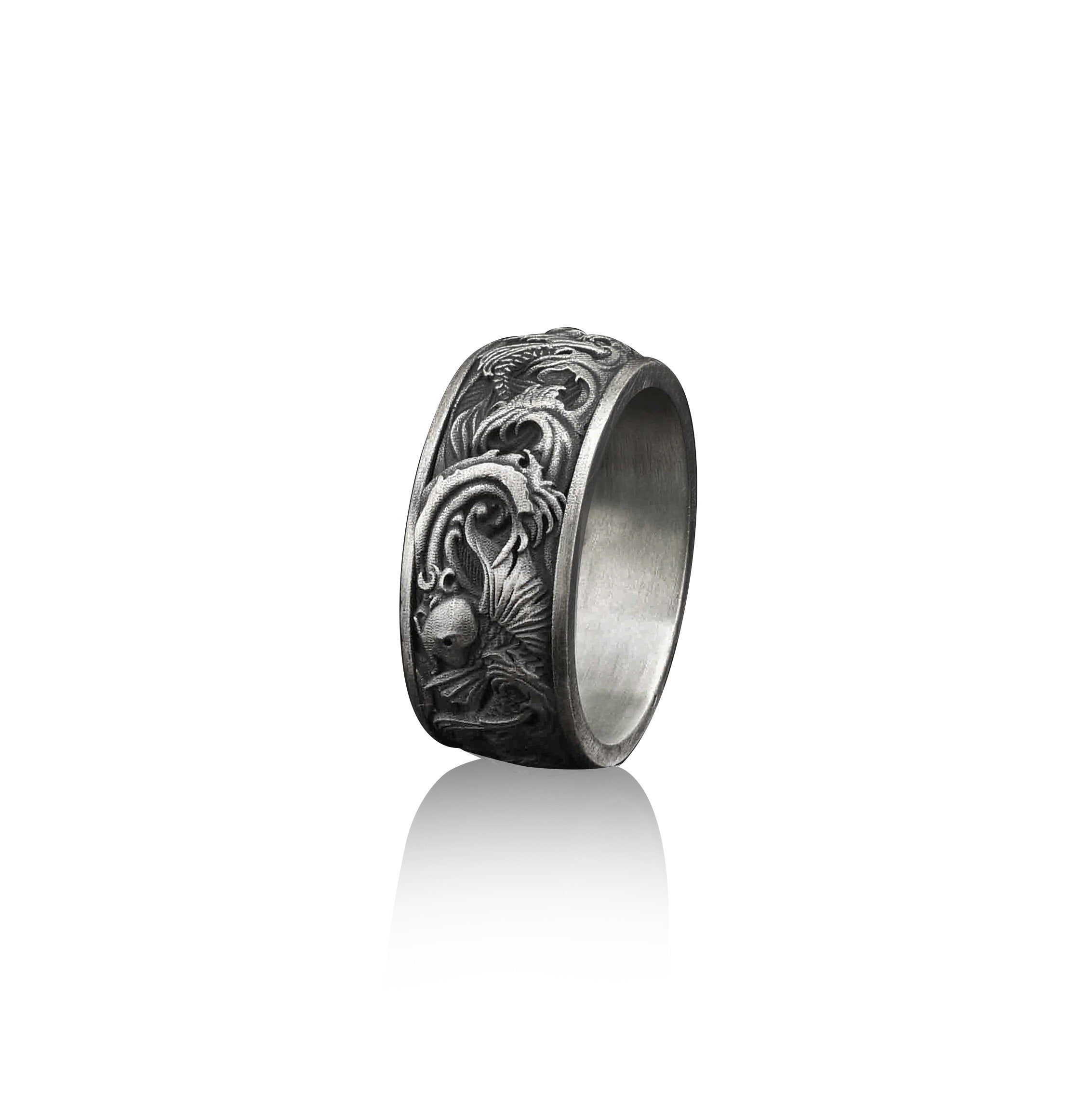 Carp and Waves Silver deals Men Band, Silver Ornament Ring, Stylish Men Rings, Carp an