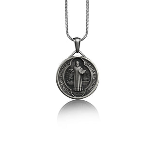 Saint benedict mens silver pendant necklace with custom name, St benedict necklace for men, Catholic necklace for dad