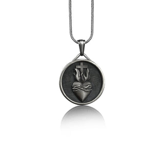 Sacred heart pendant necklace in 925 silver, Personalized christian necklace for husband, Unique faith necklace for dad