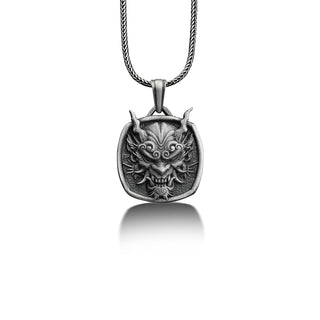 Oni mask personalized necklace for men, Japanese mythology engraved necklace in sterling silver, Demon mask necklace