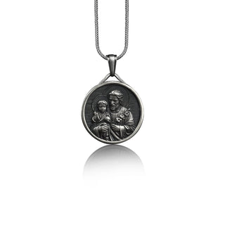 Saint joseph with baby jesus mens pendant necklace in silver, St joseph necklace for dad, Religious necklace for husband