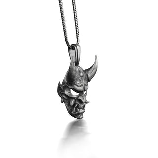 Hannya Mask Oxidized Necklace in Silver, Japanese Art Oni Mask Necklace For Boyfriend, Female Demon Necklace For Girlfriend, Devil Necklace