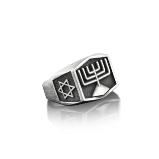 Menorah Jewish Pinky Signet Ring Men, Star Of David Ring in Oxidized Sterling Silver, Judaica Jewelry For Husband, Spiritual Ring For Men