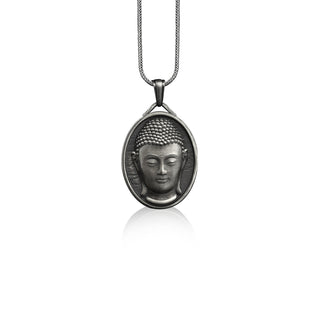 Buddha head oval medal pendant necklace in silver, Personalized religious necklace for buddhist mom, Custom name pendant