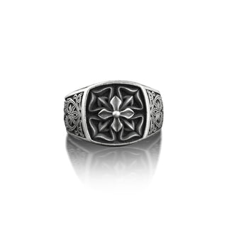 Lotus Floral Cross Mens Ring in Silver, Victorian Style Floral Pinky Signet Ring in Sterling Silver, Flower Ring with Leaf Motifs, Male Ring