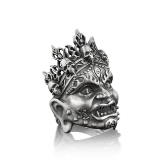 Japanese mask with skull demon ring for men in sterling silver, Mongolian mask ring, Oni mask demon unique ring for men, Fantasy gift ring