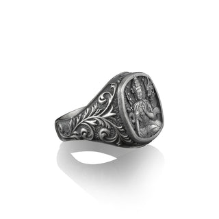 Abhayamudra Meditating Buddha, Sterling Silver Square Signet Ring, Hindu Jewelry, Pinky Rings for Women, Mens Signets, Gift for Spiritualist